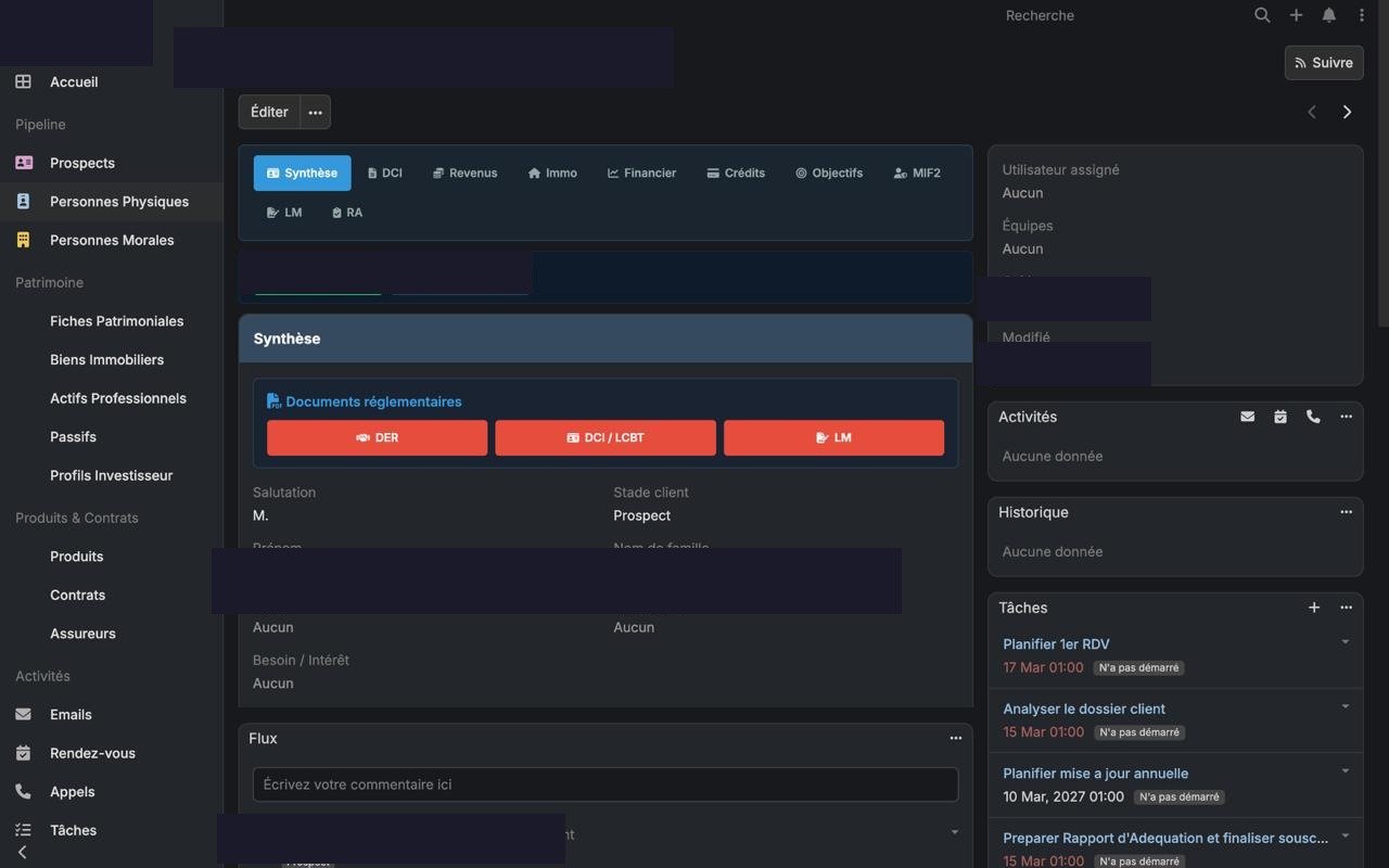 CRM sur-mesure — Gestion de patrimoine